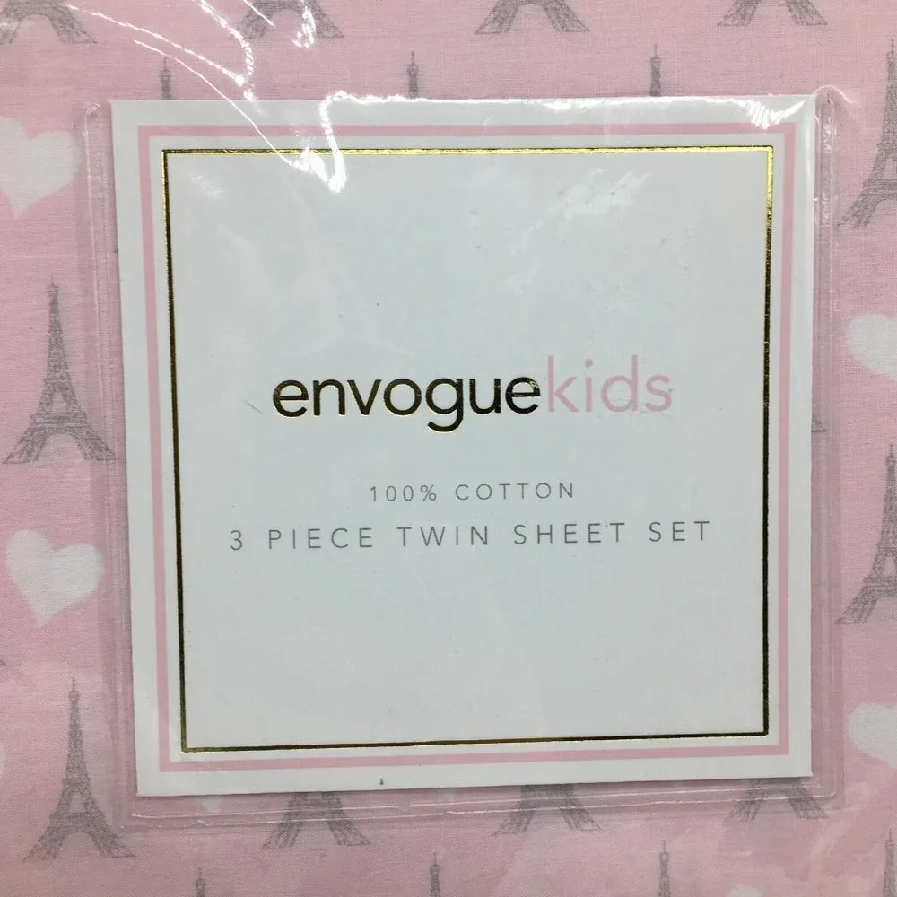 3pc Pink Paris TWIN Sheet Pillowcase Set Gray Eiffel Tower Heart Bedding Envogue